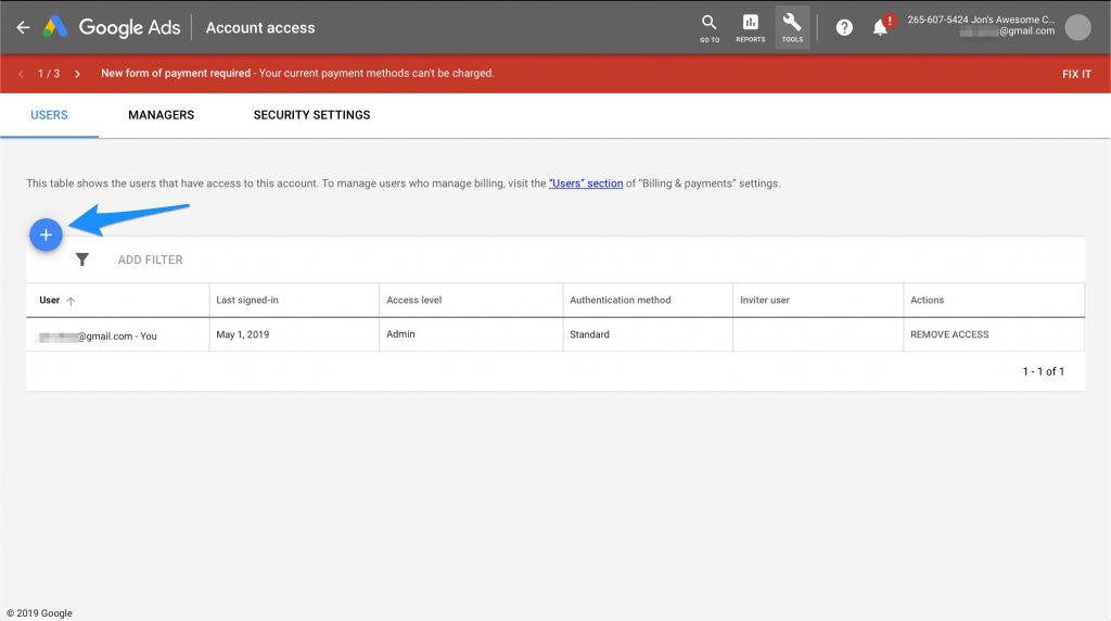 google ads account access page with arrow pointing to blue plus sign
