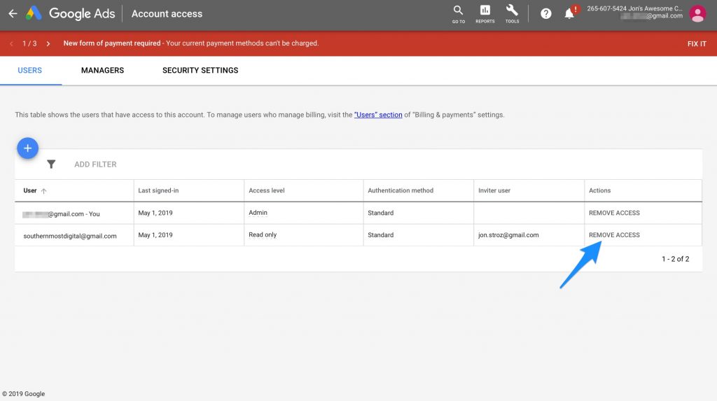 google ads account access page with arrow pointing to remove access