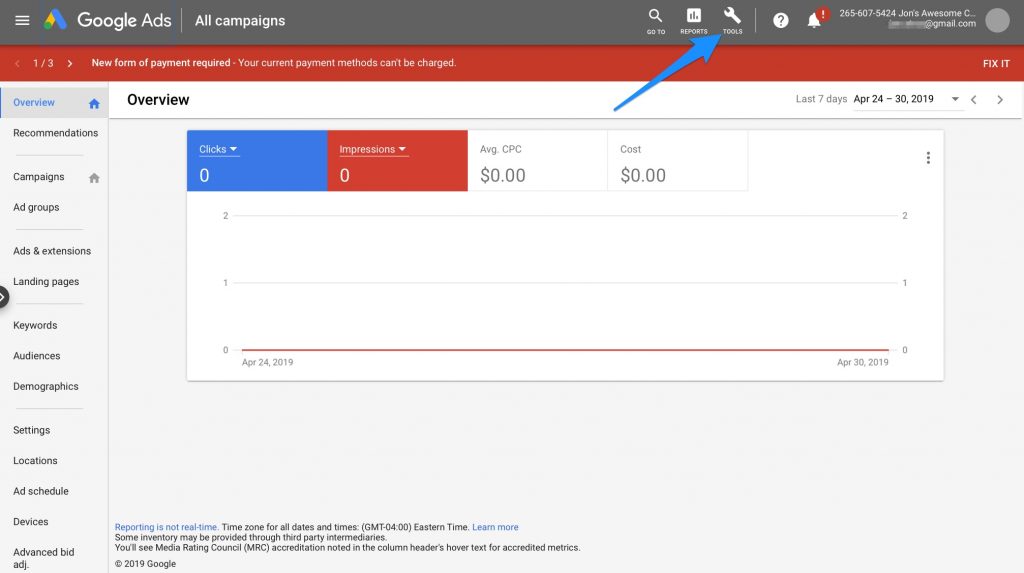 google ads dashboard with arrow pointing to tools