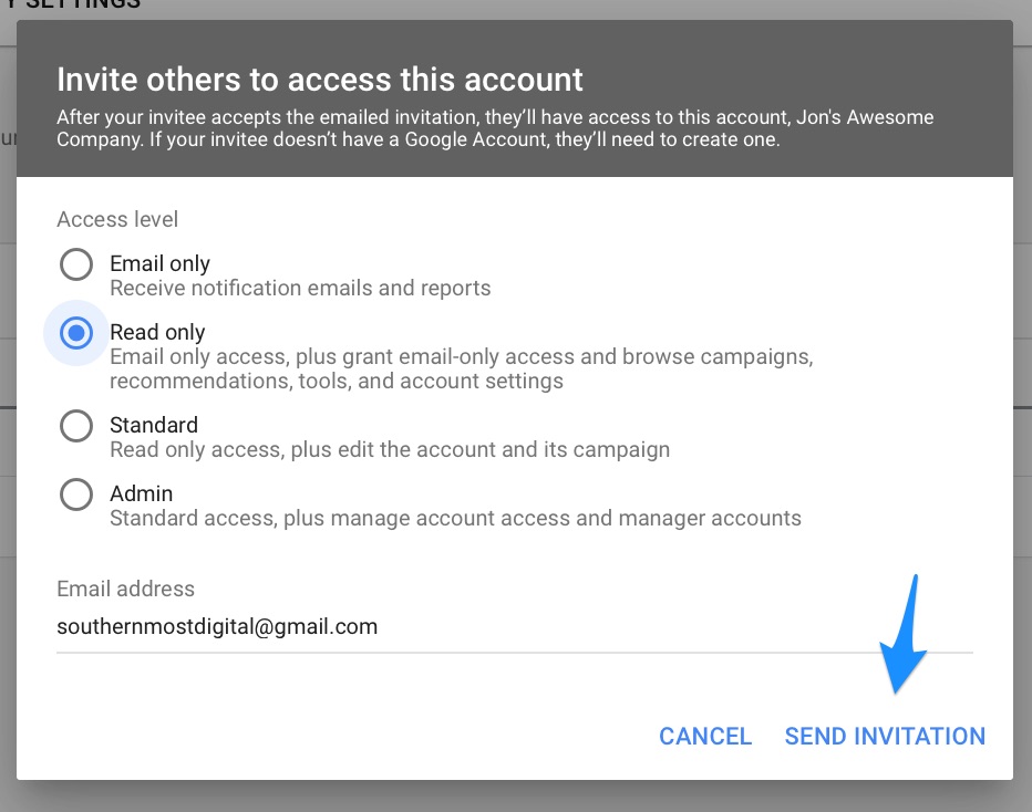 invite others to access this account popup with read only selected and arrow pointing to "send invitation"