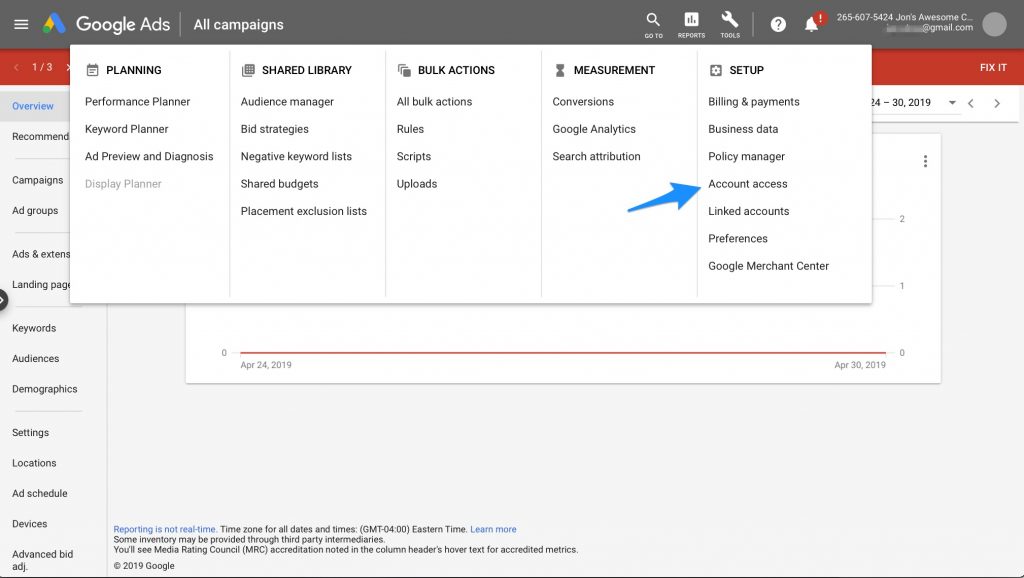 google ads dashboard with arrow pointing to account access