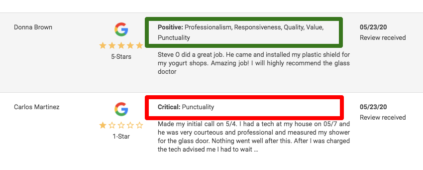 google review attributes boxed in green and red