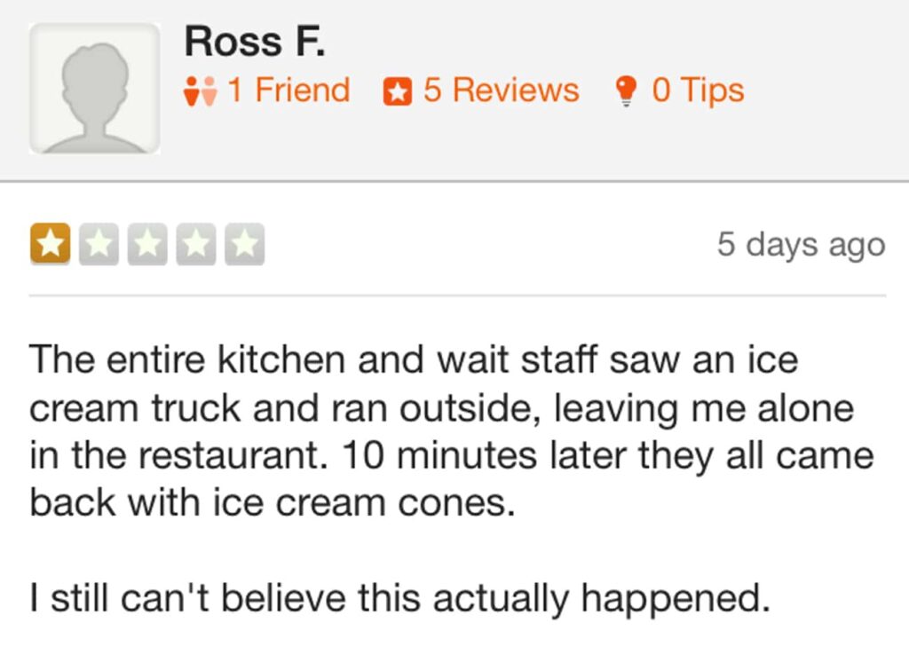 one star review for restaurant