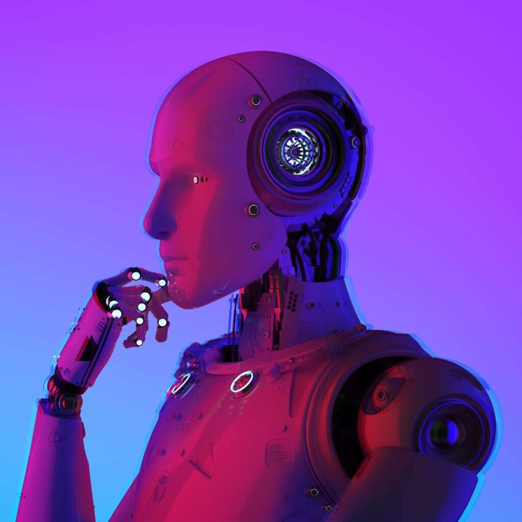 A humanoid robot that appears to be thinking.